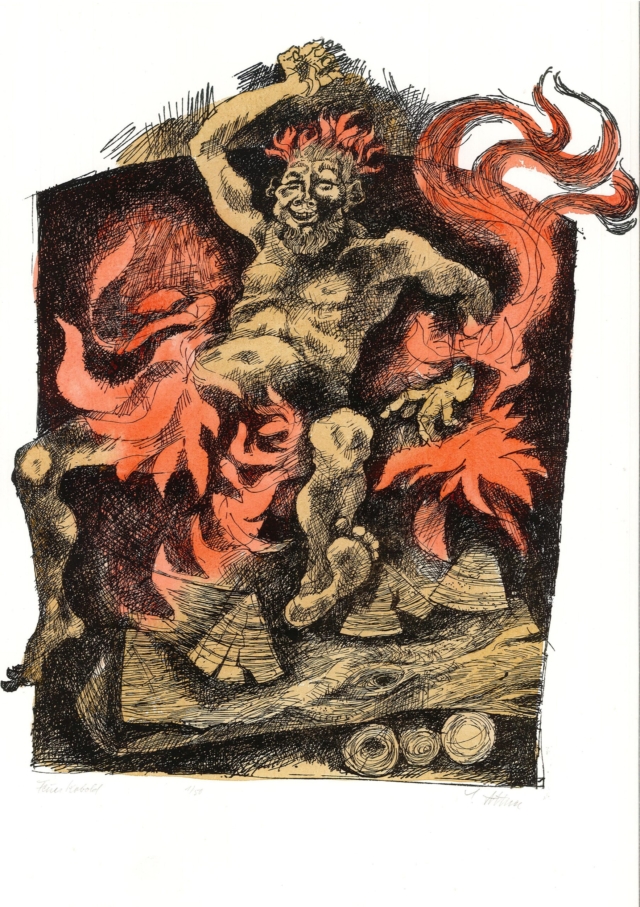 Farblithografie von Sieghard Dittner mit dem Titel "Feuerkobold". Sie zeigt einen tanzenden, bärtigen Kobold in beiger Farbe, umgeben von orangeroten Flammen vor dunklem Hintergrund. Die dynamische Darstellung des springenden Kobolds auf Holzscheiten vermittelt eine spielerische, wilde Energie.