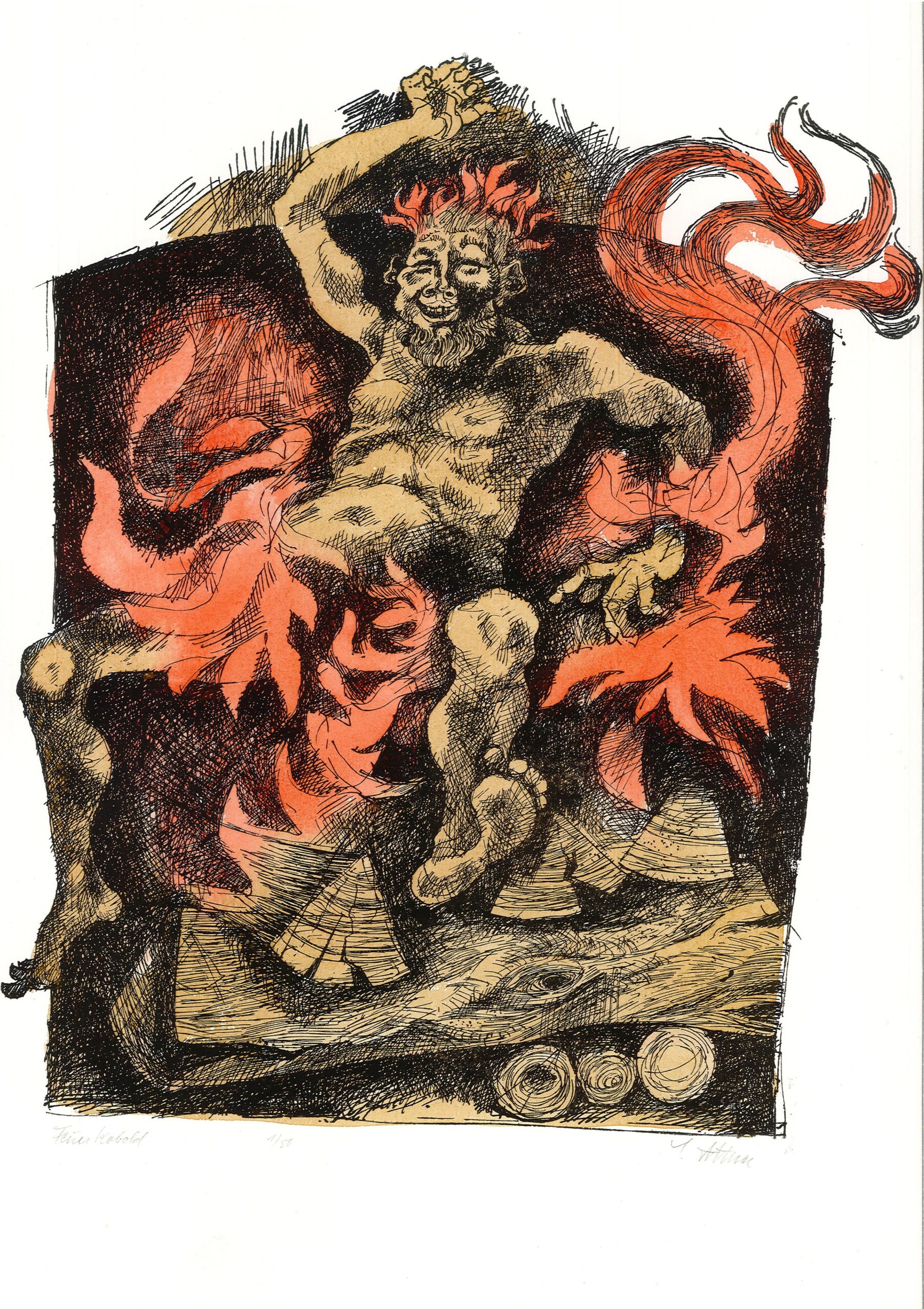 Farblithografie von Sieghard Dittner mit dem Titel "Feuerkobold". Sie zeigt einen tanzenden, b&auml;rtigen Kobold in beiger Farbe, umgeben von orangeroten Flammen vor dunklem Hintergrund. Die dynamische Darstellung des springenden Kobolds auf Holzscheiten vermittelt eine spielerische, wilde Energie.