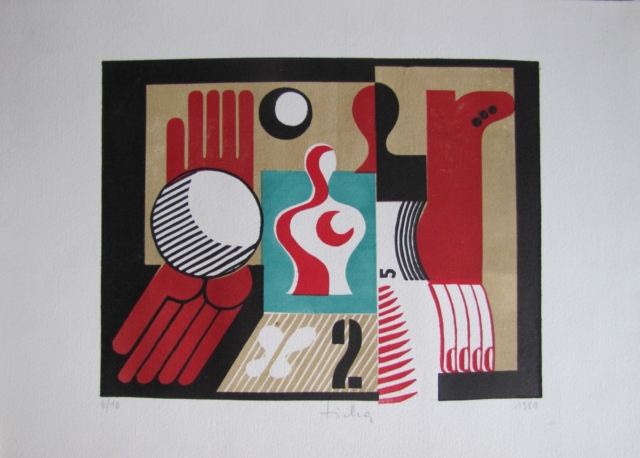 Eine abstrakte Farb-Lithografie in Rot, Schwarz, Weiß und Türkis auf beigefarbenem Grund. Das geometrisch-konstruktivistische Werk zeigt stilisierte Motive aus dem Sport: eine rote Hand mit einem gestreiften Ball, eine geschwungene weiß-rote Figur auf türkisem Hintergrund und eine abstrakte Form, die an einen Sportschuh erinnert. Die Komposition ist in rechteckige Felder aufgeteilt und enthält grafische Elemente wie Streifen und die Ziffer 2. Die Lithografie vereint modernistische Formensprache mit sportlichen Motiven in einem ausgewogenen Bildaufbau.