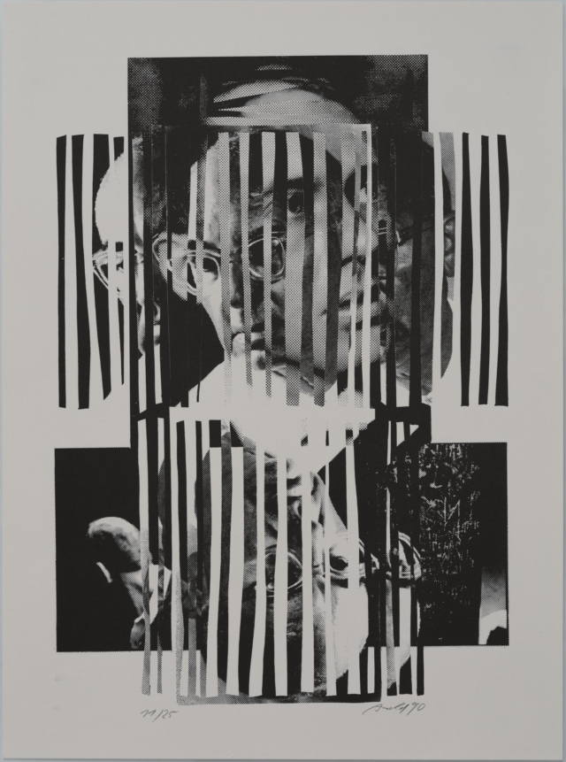 Schwarz-weiß Fotocollage mit vertikalen Streifen, die ein Porträt von Johannes R. Becher fragmentarisch darstellen, nummeriert 77/125 und signiert von 1970