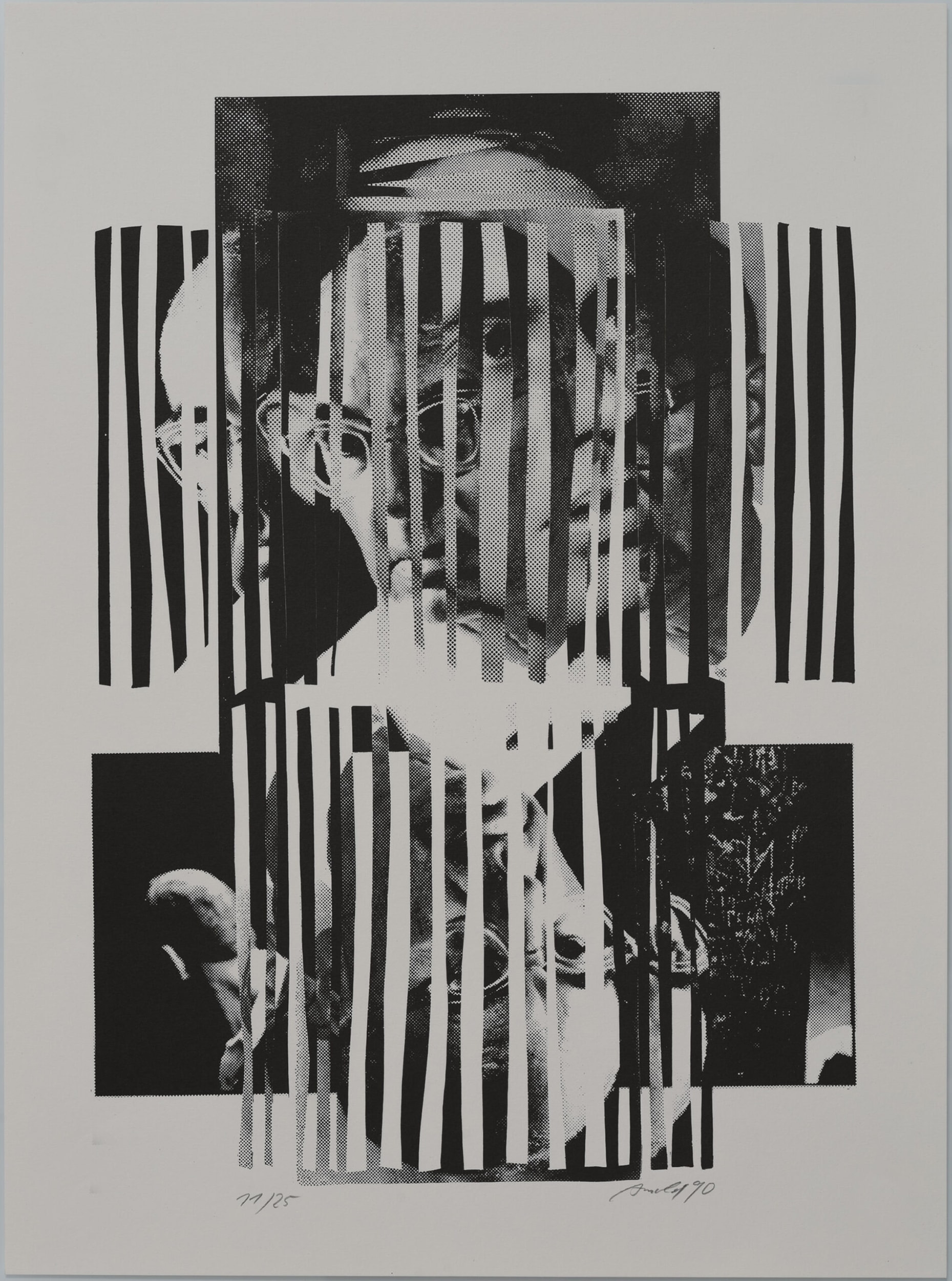 Schwarz-wei&szlig; Fotocollage mit vertikalen Streifen, die ein Portr&auml;t von Johannes R. Becher fragmentarisch darstellen, nummeriert 77/125 und signiert von 1970