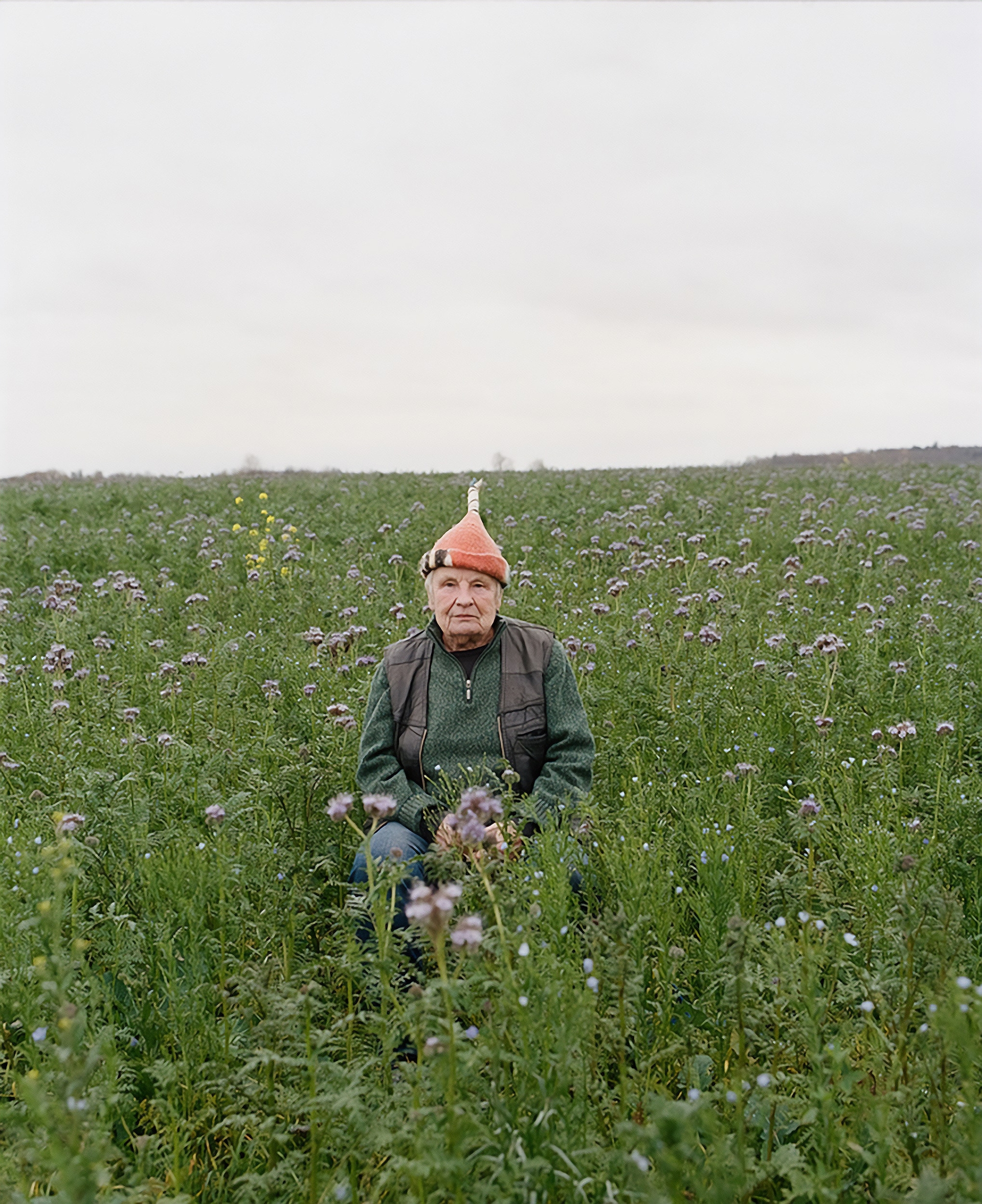 Erika St&uuml;rmer-Alex mit orangefarbener M&uuml;tze sitzt in einem Feld mit lila bl&uuml;henden Wildblumen an einem bew&ouml;lkten Tag