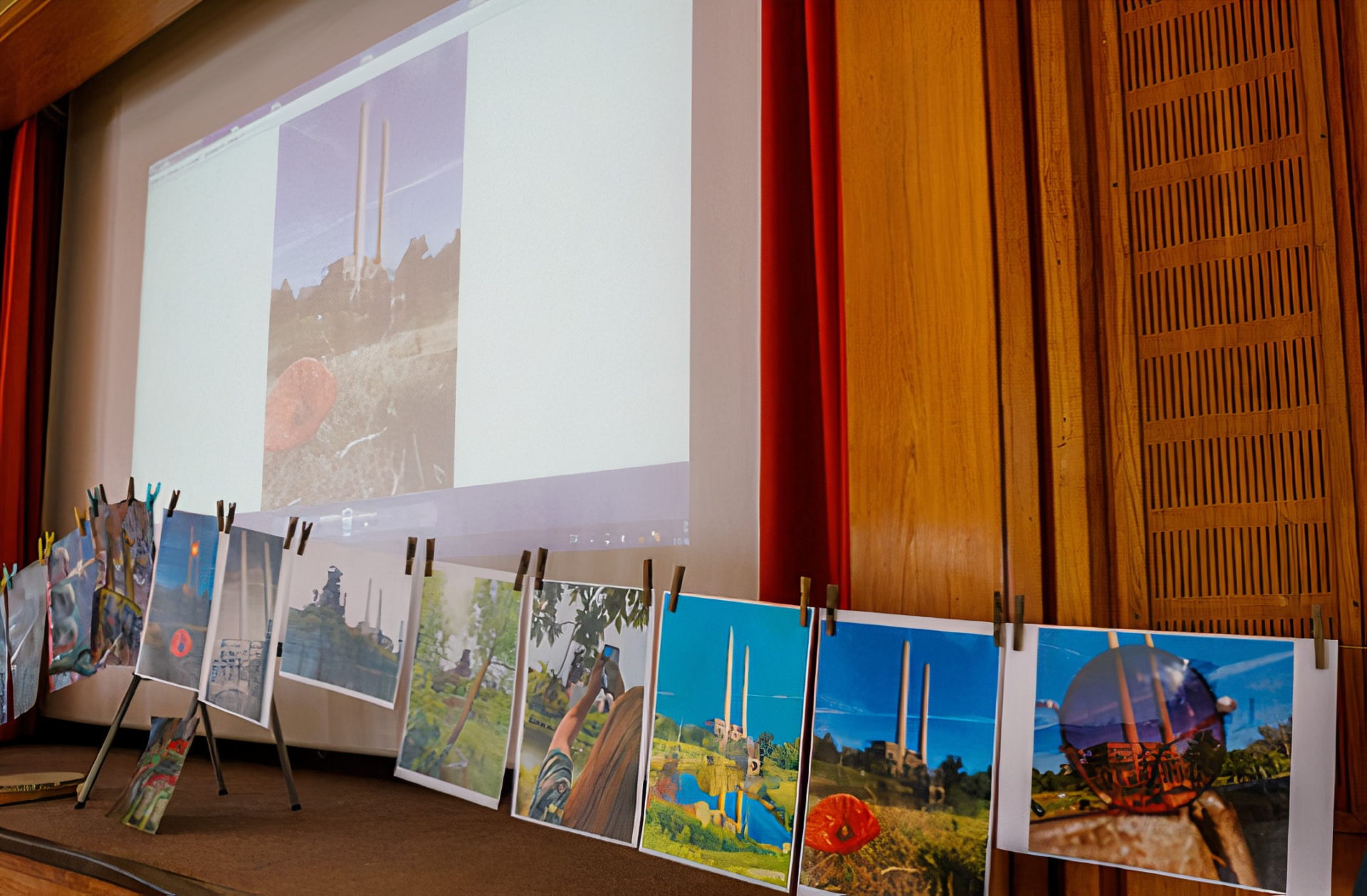 Fotoausstellung in der Aula der Gesamtschule 3 - mehrere Fotografien sind mit W&auml;scheklammern an einer Leine aufgeh&auml;ngt, im Hintergrund l&auml;uft eine Pr&auml;sentation auf einer Projektionsfl&auml;che. Die ausgestellten Fotos zeigen verschiedene Perspektiven und Motive der Industrieschornsteine von Eisenh&uuml;ttenstadt.