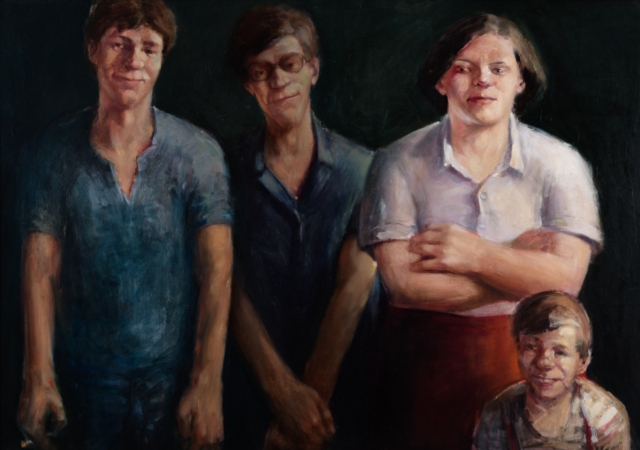 &Ouml;lgem&auml;lde im sozialistischen Realismus der 1970er Jahre zeigt vier junge Menschen in Arbeitskleidung vor dunklem Hintergrund. Die Personen tragen schlichte blaue und wei&szlig;e Hemden, ihre Gesichter sind in warmen Farbt&ouml;nen mit lockeren Pinselstrichen gemalt.