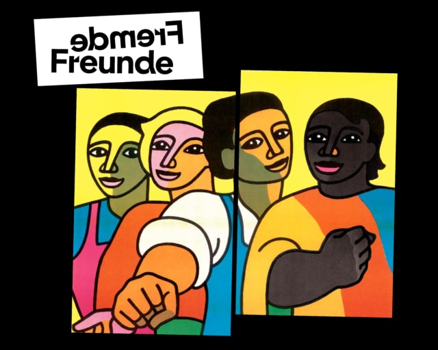 Ausstellunggrafik mit Dem Titel der Ausstellung Fremde Freunde und zwei Bildausschnitten aus einem Plakat von 1973.