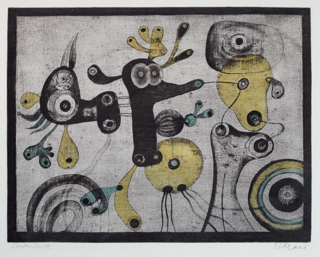 Surrealistische Druckgrafik in Schwarz, Gelb und Hellblau mit abstrakten, biomorphen Formen und Kreiselementen im Stil von Miró.